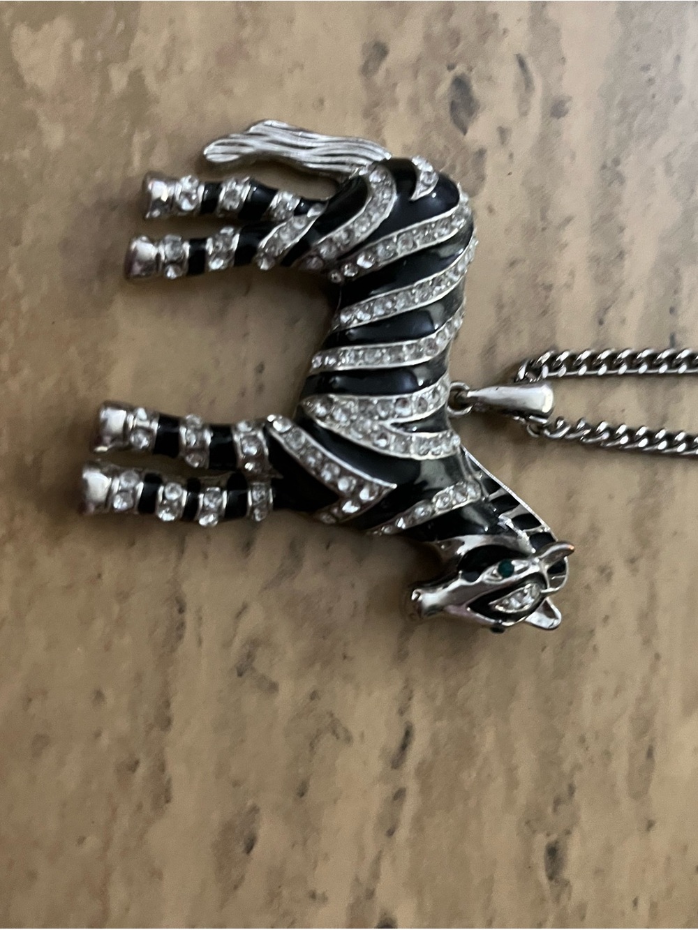 Silver-tone Black Zebra Pendant Necklace with Crystal Accents